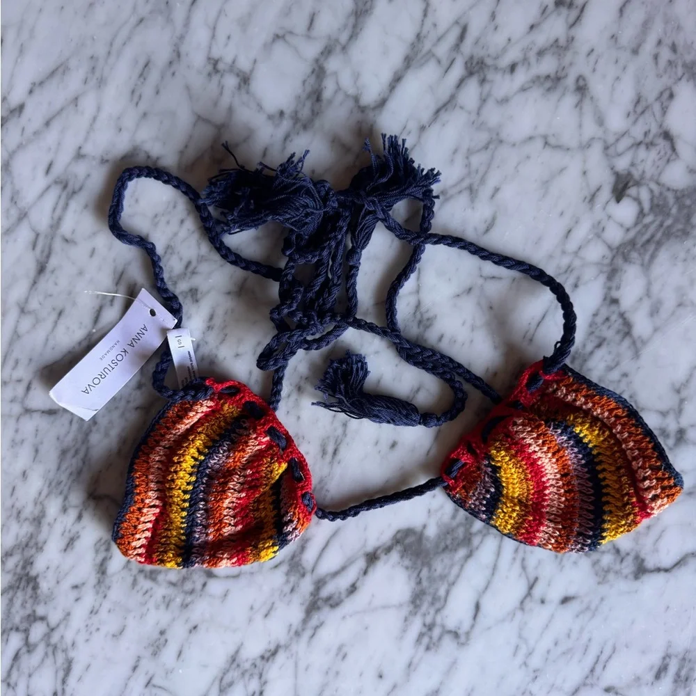 Anna Kosturova Marsala Striped Multicolor Crochet Triangle Bikini - Navy Trim